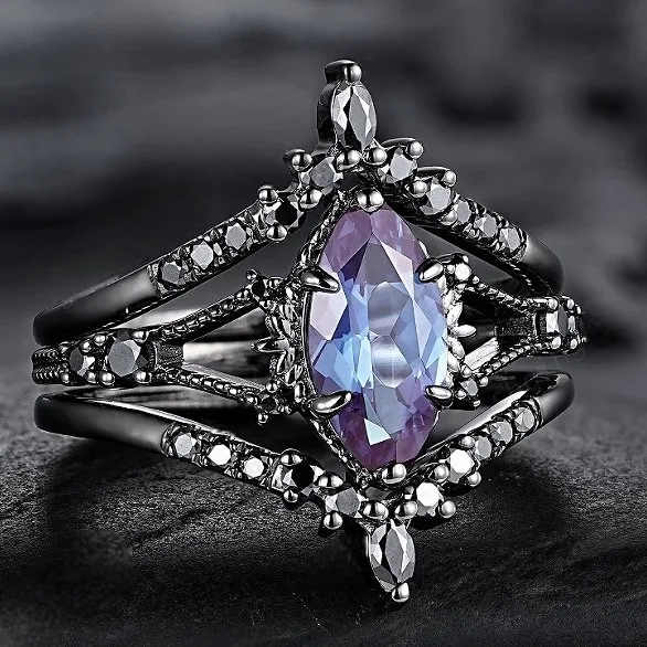2026 New Gunmetal Retro 3-Piece Ring Set - Purple Crystal Black Warrior Jewelry for Women, Cross-Border Hot Item
