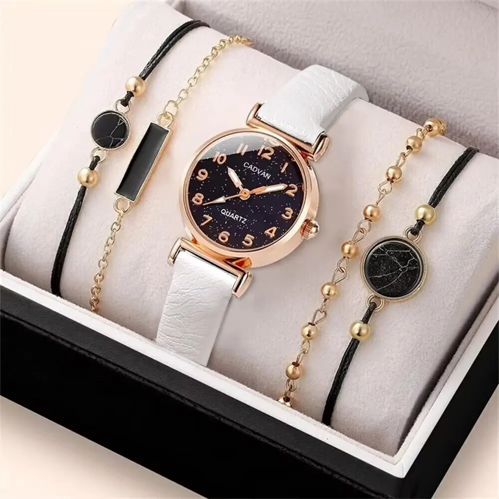 5pcs Set Women Fashion Casual Leather Belt Watches Simple Ladies Starry Sky Round Dial Quartz Wristwatches Dress Clock