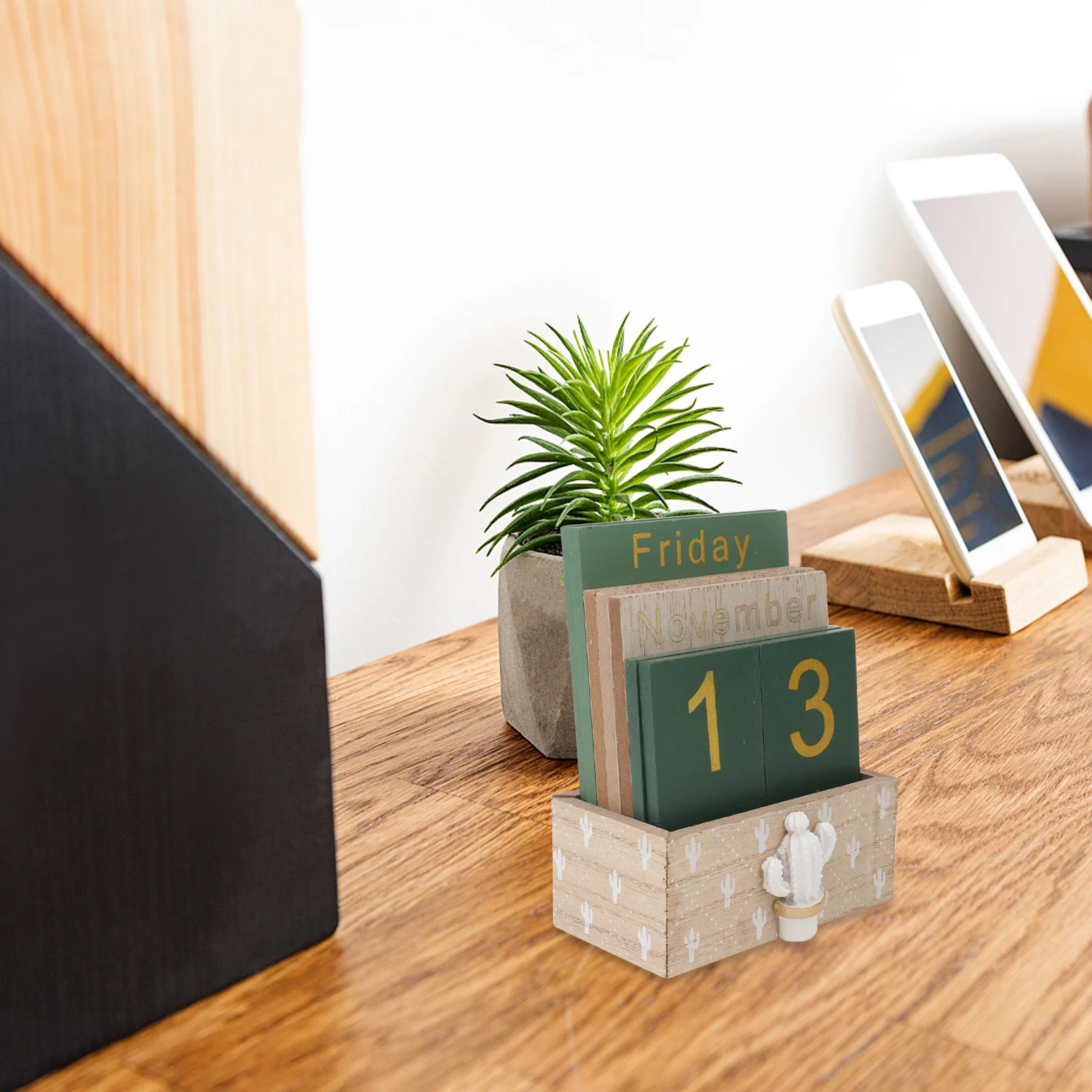 1 conjunto de calendário de mesa de madeira cacto, ornamento de mesa simples e elegante, material de escritório, artesanato de madeira, decoração de mesa chique