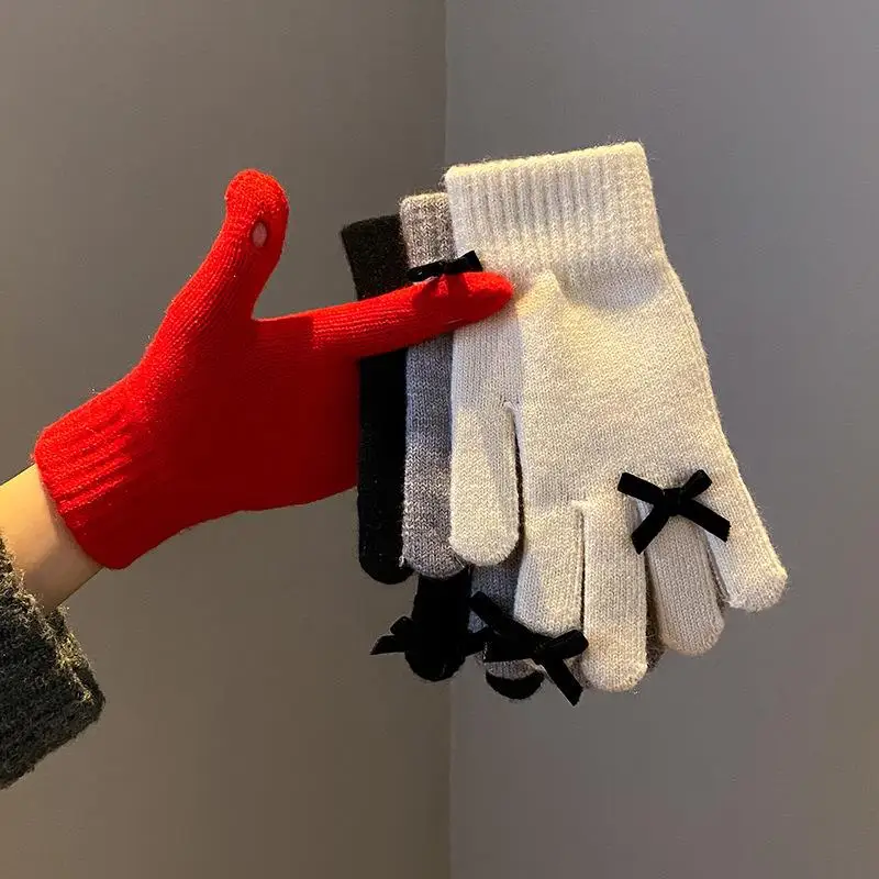 

Bows Decorate Knitted Gloves Winter Women Warm Cashmere Gloves Exposed Finger Touch Screen Mittens Outdoor Cycling Skiing Glove