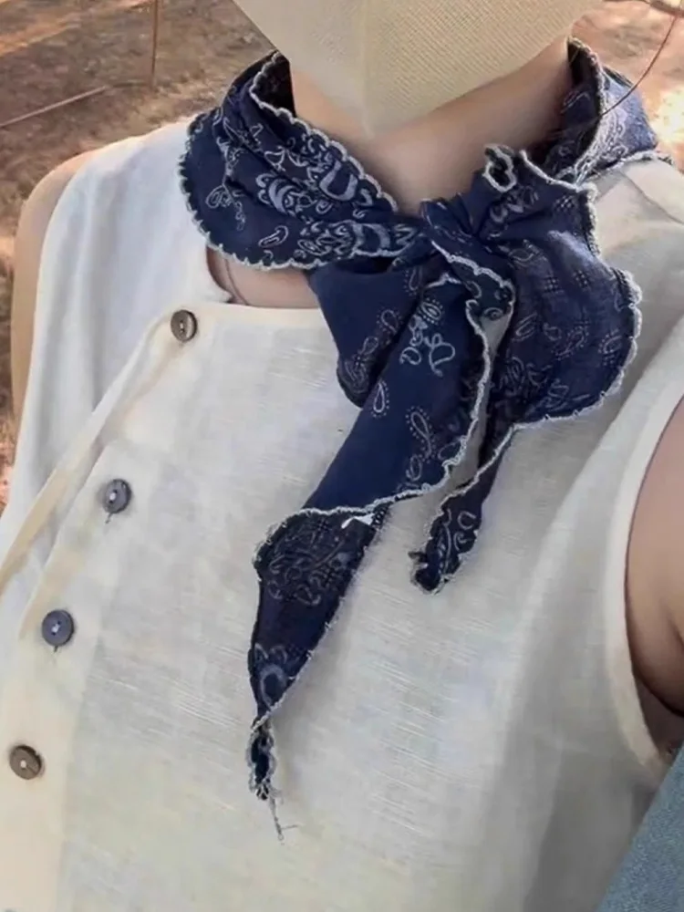 Bufanda floral de lino y algodón ligero retro para mujer, pañuelo pequeño artístico Sli de verano, accesorio versátil