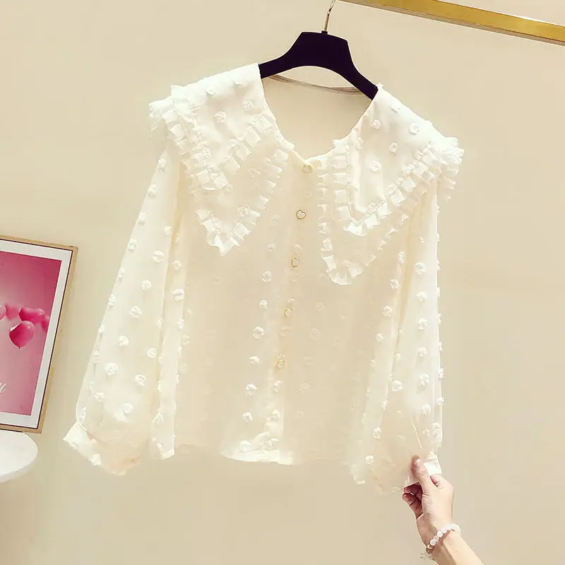 Korean Women Sweet Kawaii Ruffled Peter Pan Collar Solid Chiffon Shirt Fashion Casual Loose Long Sleeve Blouse Top Female Blusas