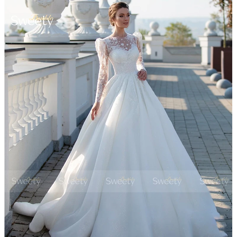 Graceful Wedding Dress Organza With Embroidery Ballgown Puff Sleeves O-Neck Bridal Dress Button Customized Vestido De Novia Lace