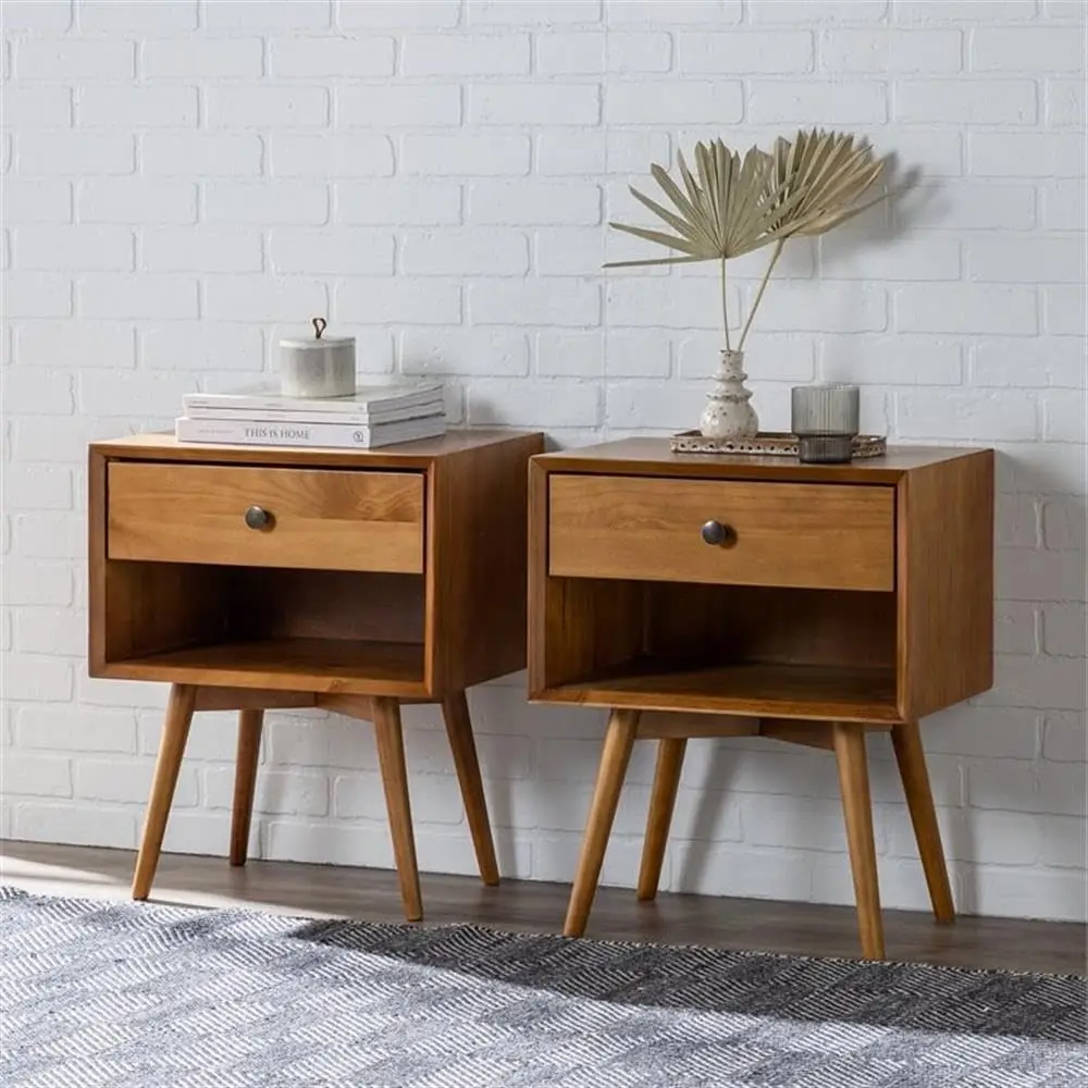 Ella Mid-Century Modern 2-Piece 1-Drawer Solid Wood Nightstand Set 2 Pack Caramel 14