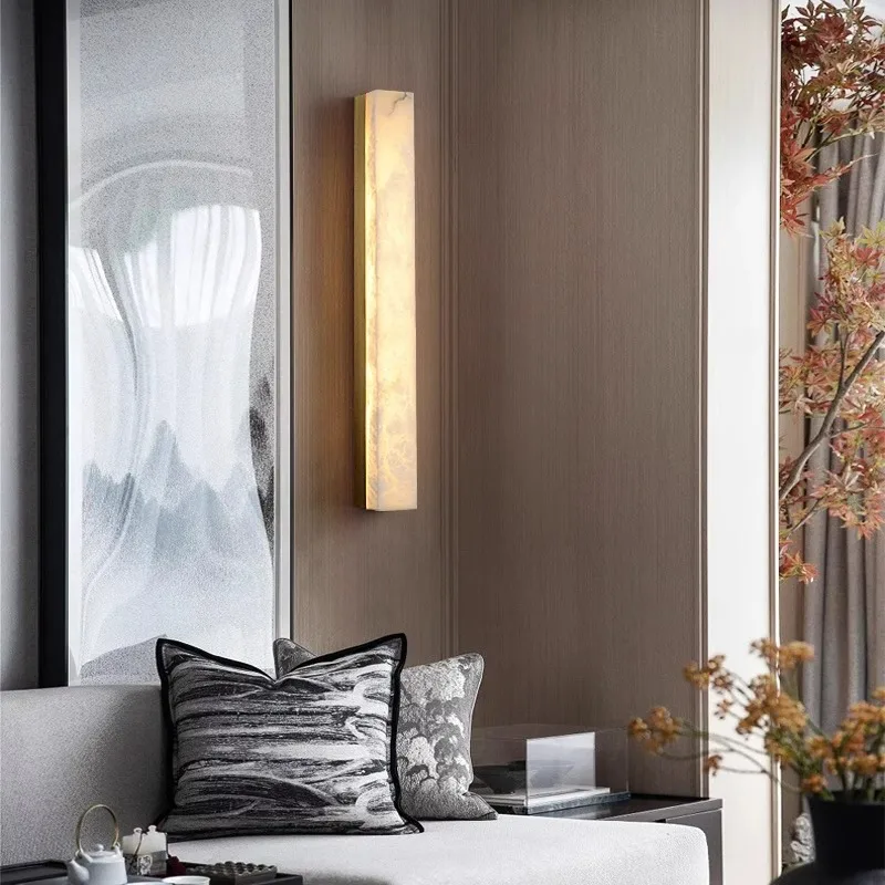 Simple modern light luxury marble wall lamp All copper living room background wall decoration Bedroom bedside strip lamp