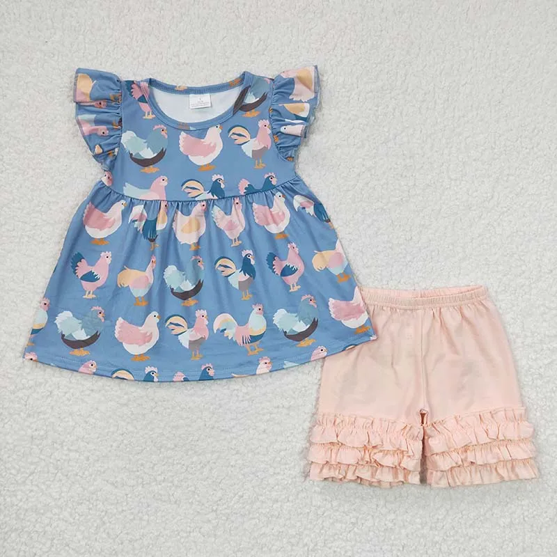 

Boutique Baby Girl Summer Outfit Children Short Sleeves Chicken Tunic Wholesale Toddler Ruffle Cotton Shorts Kids Set