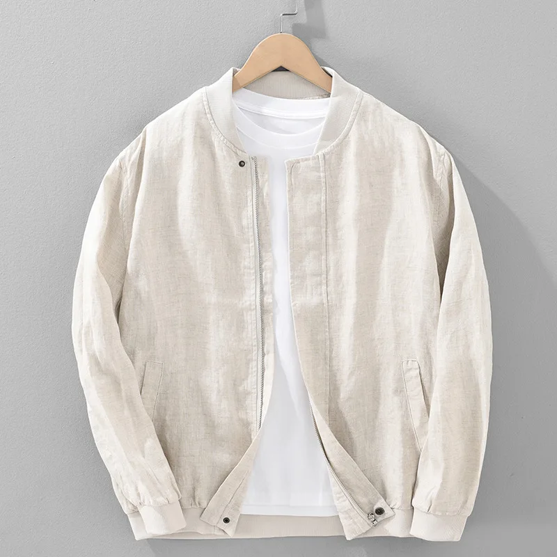 Men's Old Money Style Brushed Cotton Linen Long-Sleeved Jacket Retro Zipper Casual Distressed Outerwear for Spring And Autumn