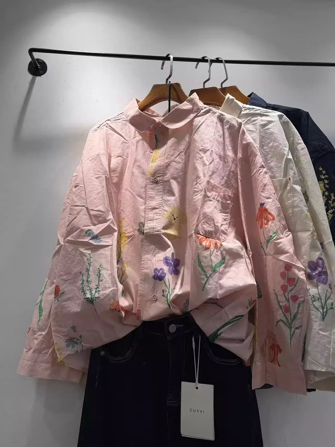 

Bust 126cm pure cotton oversized shirts and blouses for women spring harajuku fashion original pink white floral long sleeve top