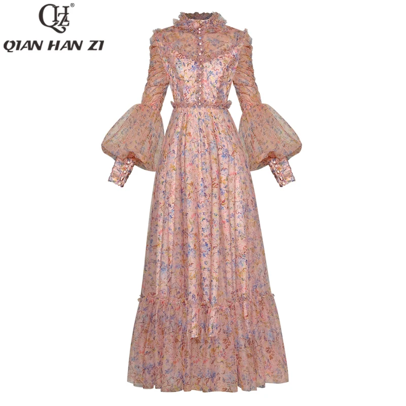 Imagem -02 - Qian Han Zi-vestido Longo para Mulheres Passarela Designer Estampa de Malha Vintage Vestido Maxi Fino Manga Lanterna Botão Moda Verão 2023