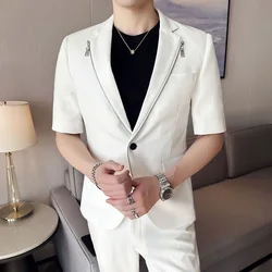 186 Summer young men's white suit zipper short-sleeved suit jacket groom dress suit