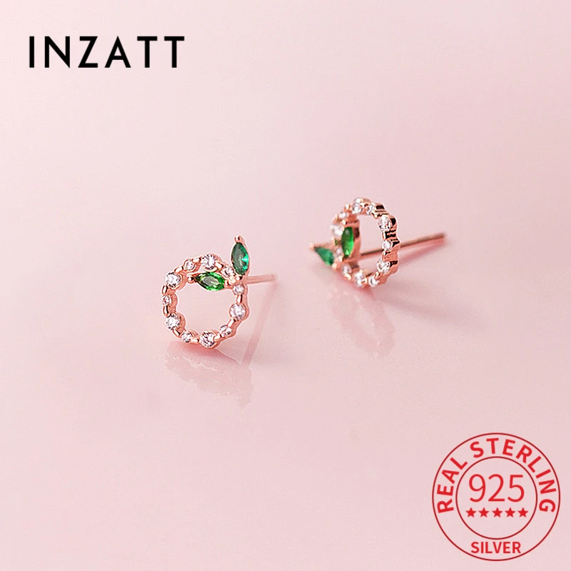 INZATT Real 925 Sterling Silver Zircon Round Leaves Stud Earrings For Women Cute Plant Fine Jewelry Minimalist Accessories