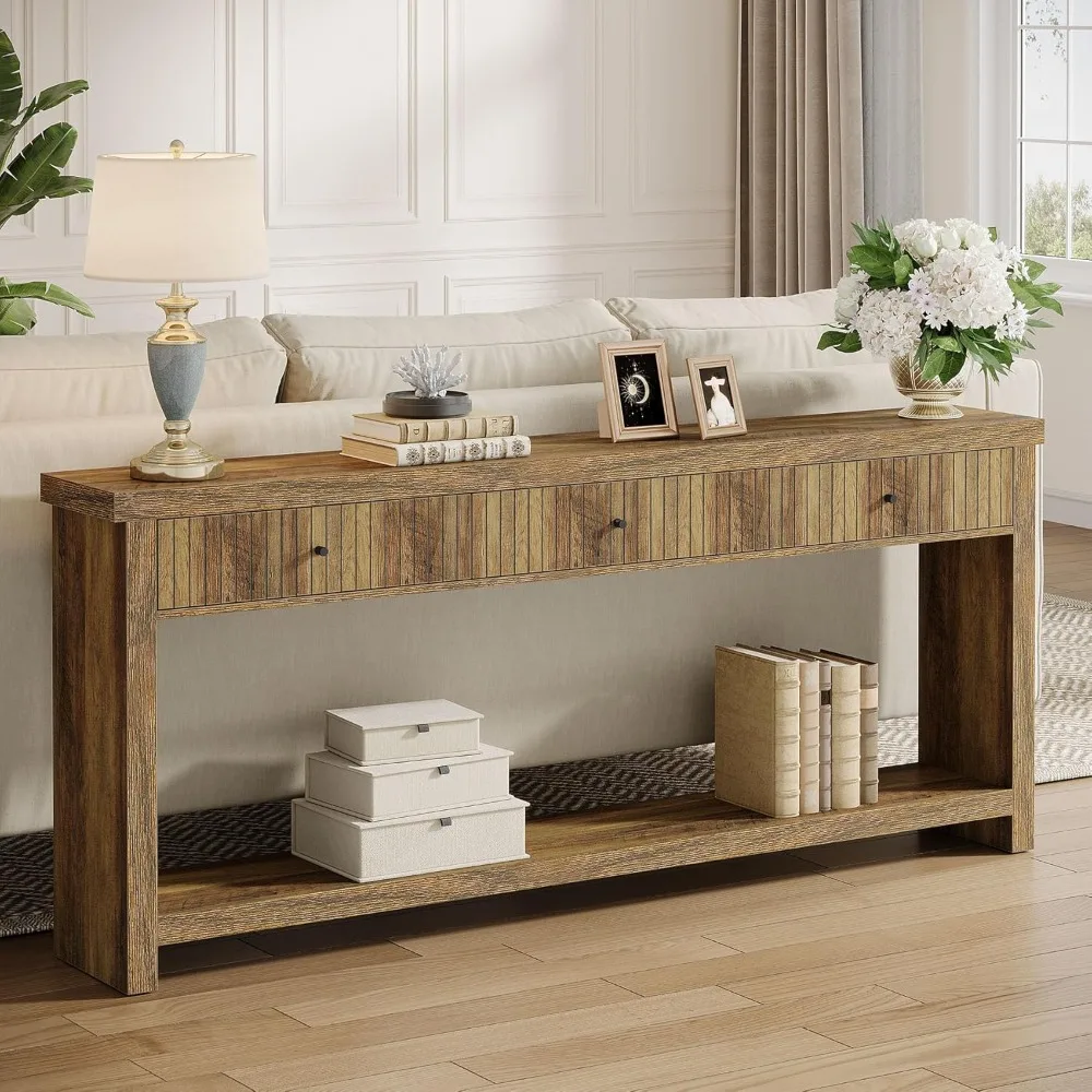 

Wood Console Table with Drawers, Long Entryway Table, 70.9 inch Sofa Table Oak Furniture with Open Storage Shelves Wooden Couch