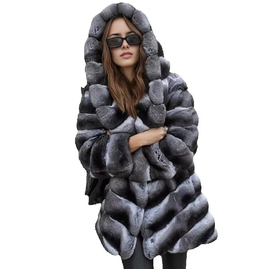 女性用フード付き本物のレックスウサギの毛皮のコート,チンチラの毛皮,高級ブランド,冬