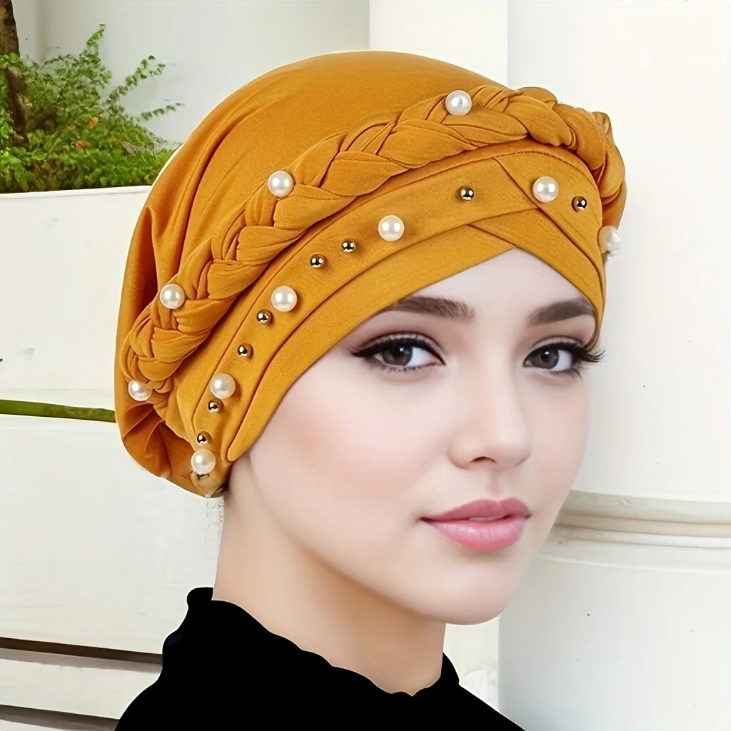 Elastic Ramadan Turban Hat With Faux Pearl Accents Pre Tied Forehead Crisscross Hijab Caps Lightweight Headwear For Women