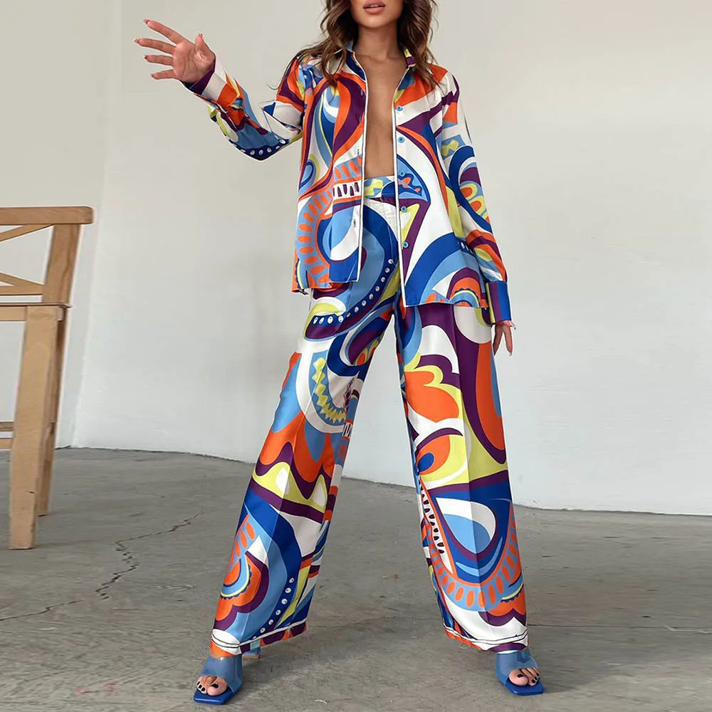 Two piece set women Fashion Single Button blouse +Print pants tracksuit Female Summer beach long sleeve Loose suit outfit set