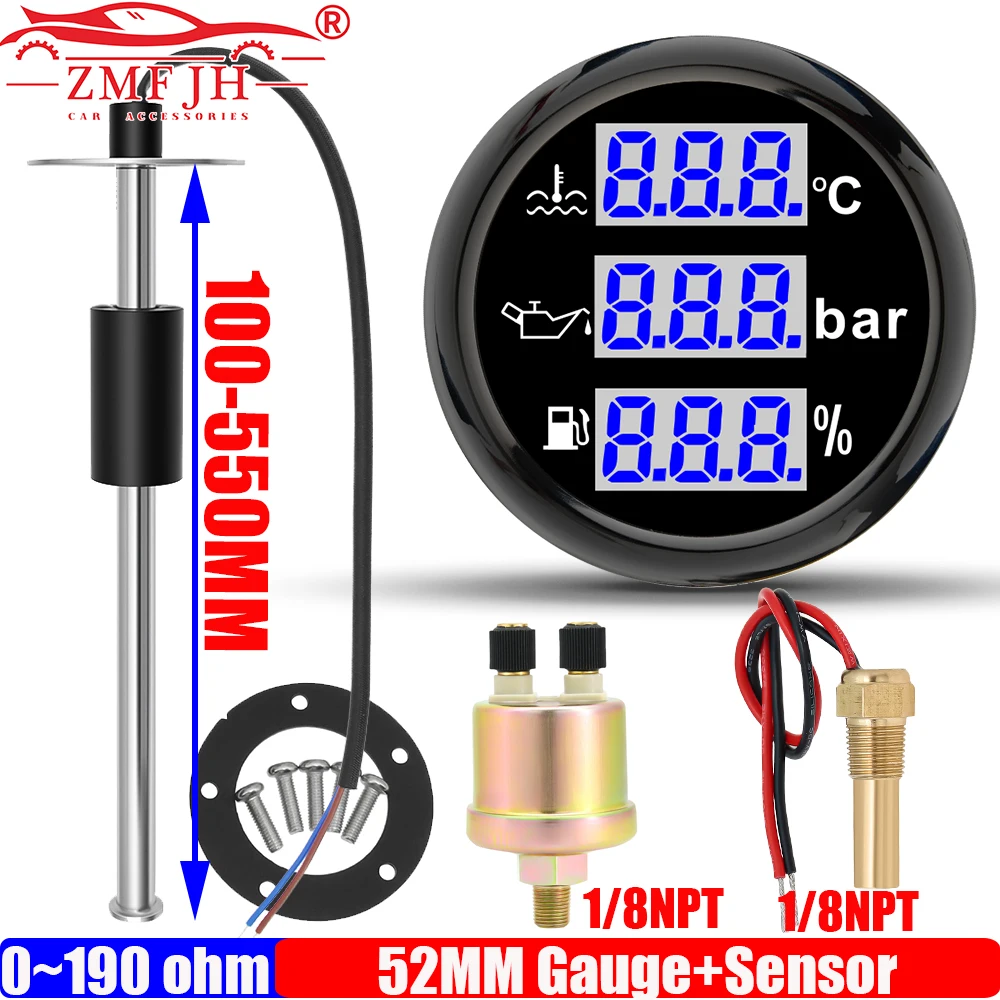 

Цифровой датчик ZMFJH 52 мм для измерения температуры воды, давления масла и уровня топлива с сигнализацией, синий светодиод 10 мм, для автомобиля/лодки, датчик уровня топлива 0-190 Ом, 9-32В