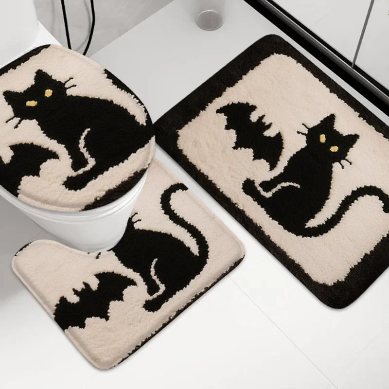 

3PCS Cat Pattern Bath Mat Set, U-Shaped Absorbent Flannel with Anti-Slip Back for Toilet and Floor