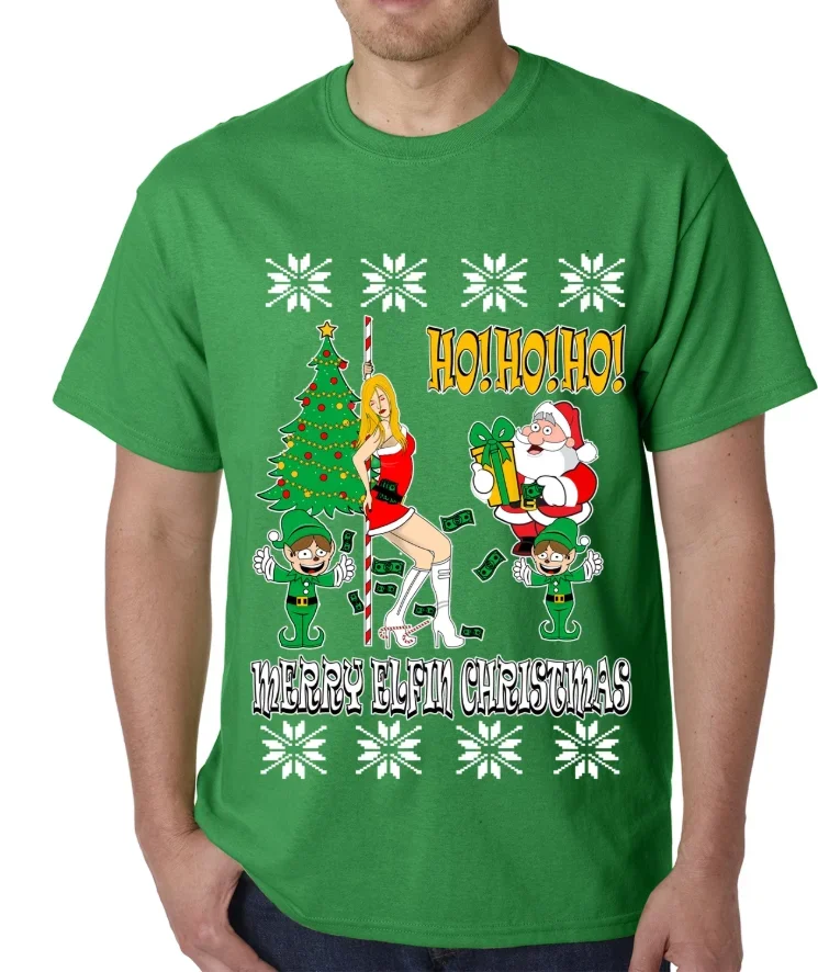 Funny Santa and The Stripper Ugly Sweaters Christmas Gift T-Shirt 100% Cotton O-Neck Short Sleeve Casual Mens T-shirt Size S-3XL