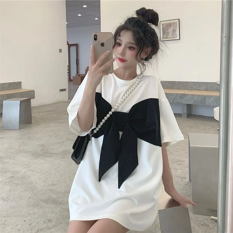 Short-sleeved T-shirts Women Summer New Niche Bow Color Collision O-neck Loose Office Lady Korean Versatile Casual Tops Female