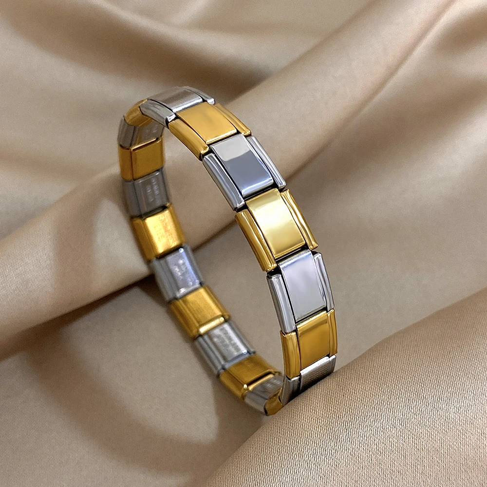 Italienisches Charm-Starter-Edelstahlarmband für Damen und Herren, dehnbares Armband, modulare Gliederkette, goldfarbener Armreif – Detail 7