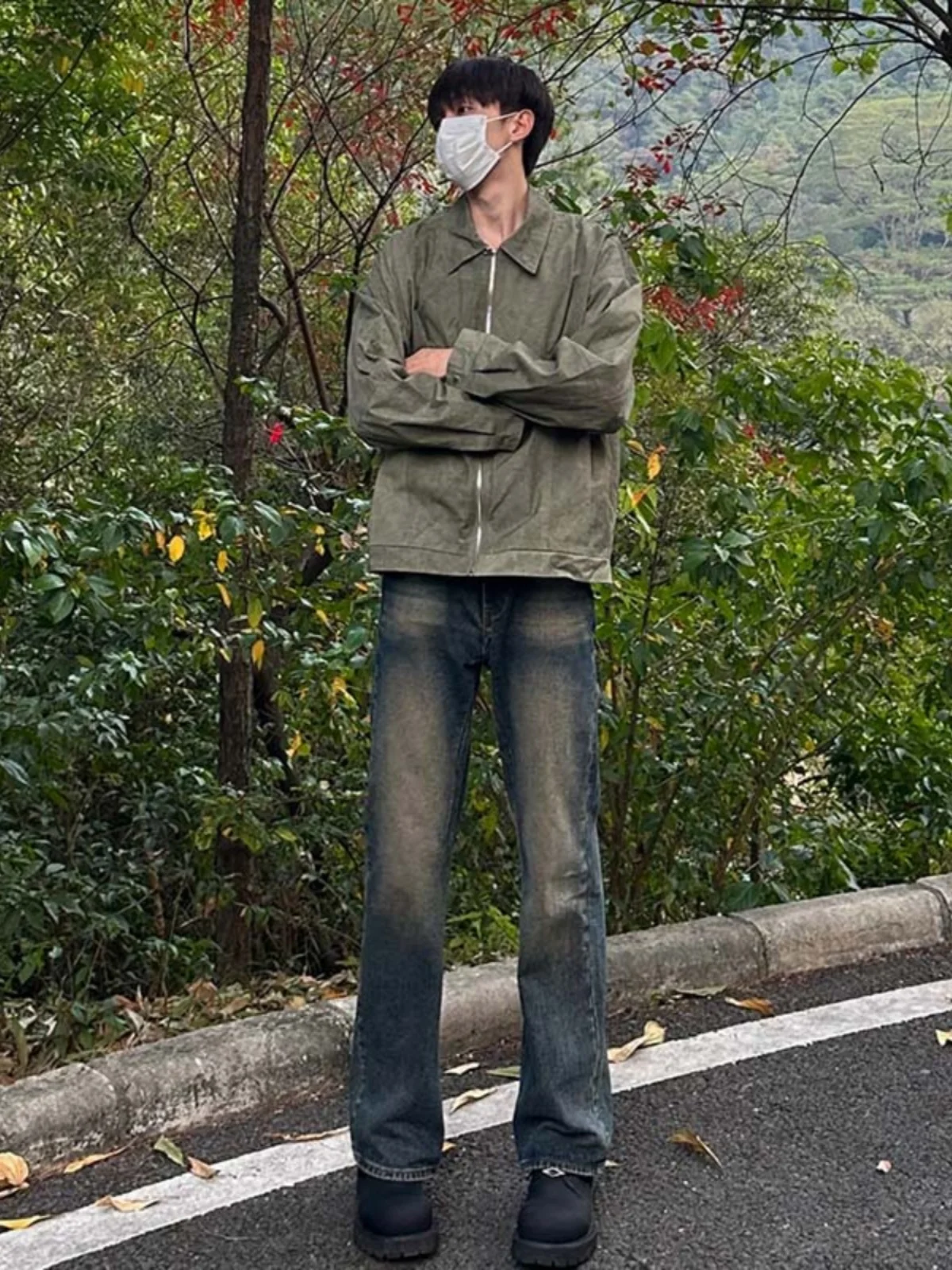 

Мужские джинсы из синего денима в стиле ретро, прямые брюки для весны и осени, стильные и эффектные, с высокой талией, на молнии, под ботинки