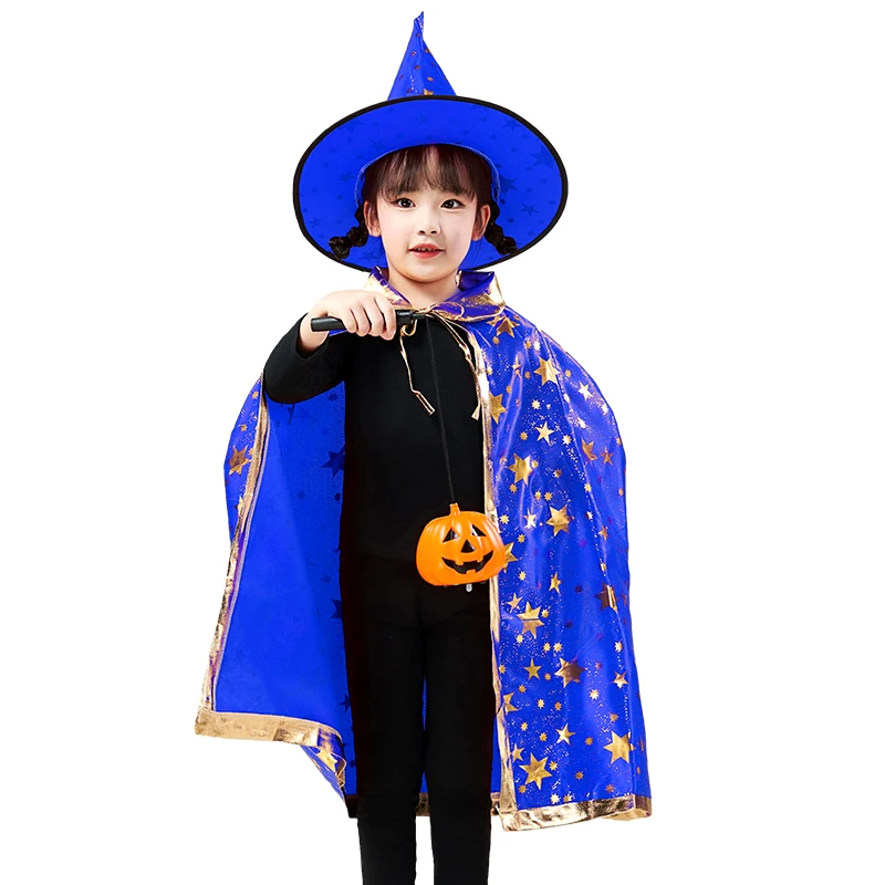 Capa de Carnaval con sombrero, capa con patrón de estrellas, disfraces de Cosplay para adultos y niños, tamaño de fiesta de 80 o 140cm