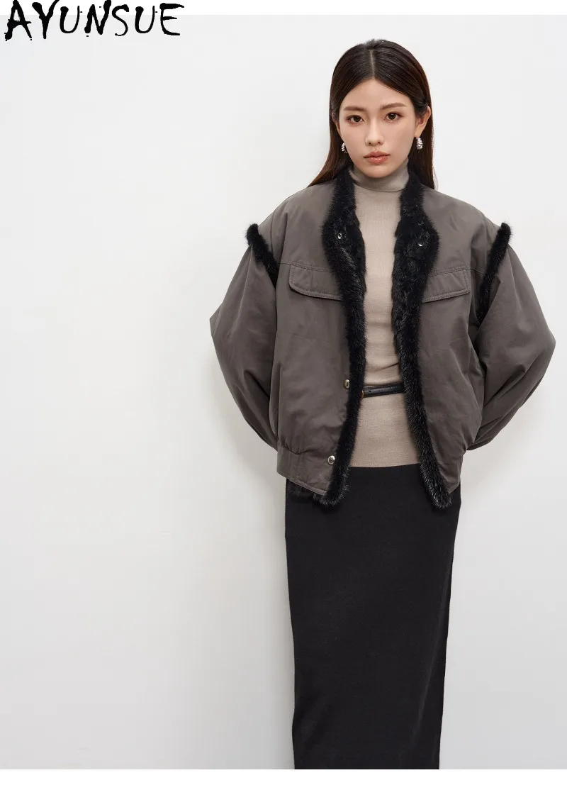AYUNSUE Womens Reversible Muskrat Fur Jacket 90% White Goose Down Coat Detachable Sleeves Winter Clothes Short Length Loose Fit