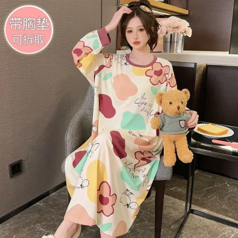 150kg Extra Large Loose Pajamas Women Cute Autumn Spring Long-sleeved Nightgown with Chest Pads Plus Size Home Dress Loungewear