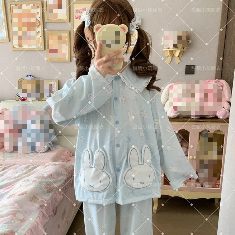 

Miffy Fresh Blue Loungewear Set for Women -Soft Girly Long Sleeve & Long Pants Sweet Girlish Collar Spring/Autumn Thin Homewear