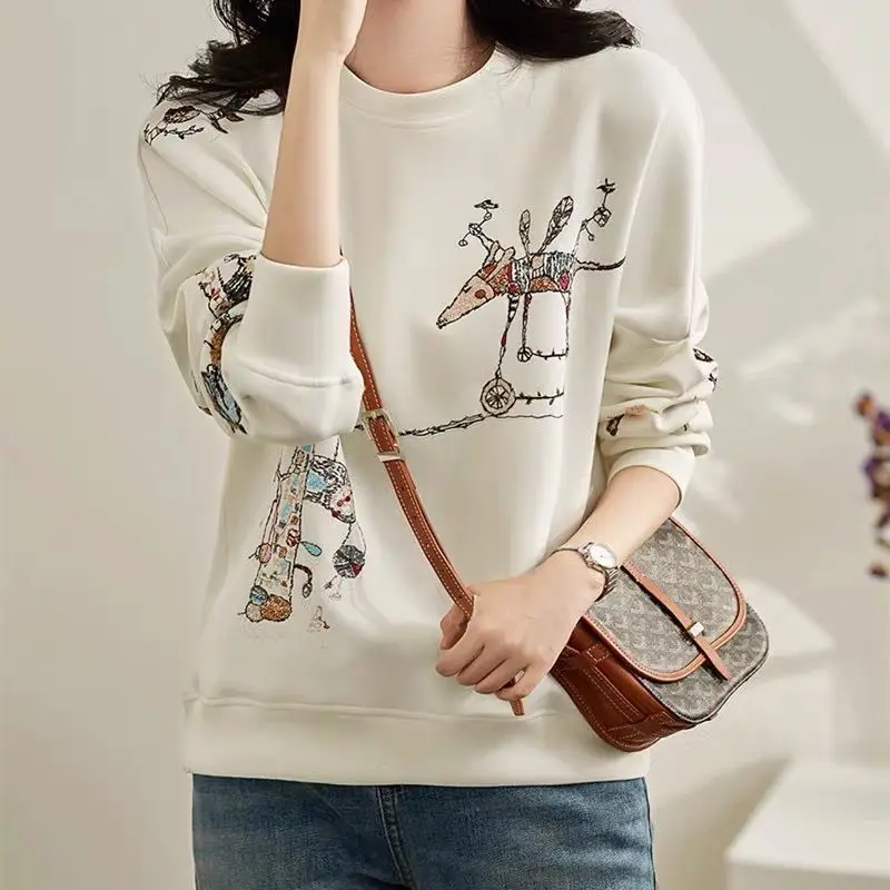 Women Korean Fashion Funny Embroidery Cotton Sweatshirt Simple Casual Chic Hoodie Female O Neck Long Sleeve Loose Pullover Tops