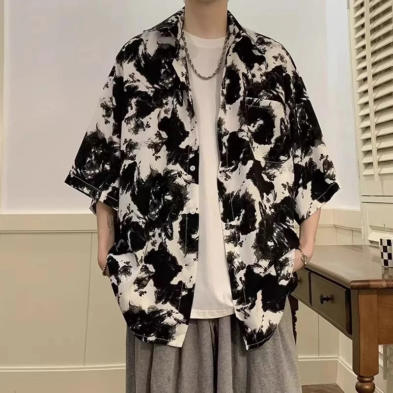 

Hong Kong Sle Men's ort Sve irt Tie Dye Watercolor Painting Extra Large Size Spring Summer Thin Five-Point Outerwear