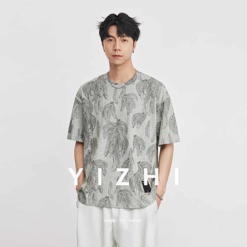 Men's Vintage Pure Cotton Banana Print Crew Neck Short Sleeve T-Shirt 2026 Summer New Design Versatile Casual Tee