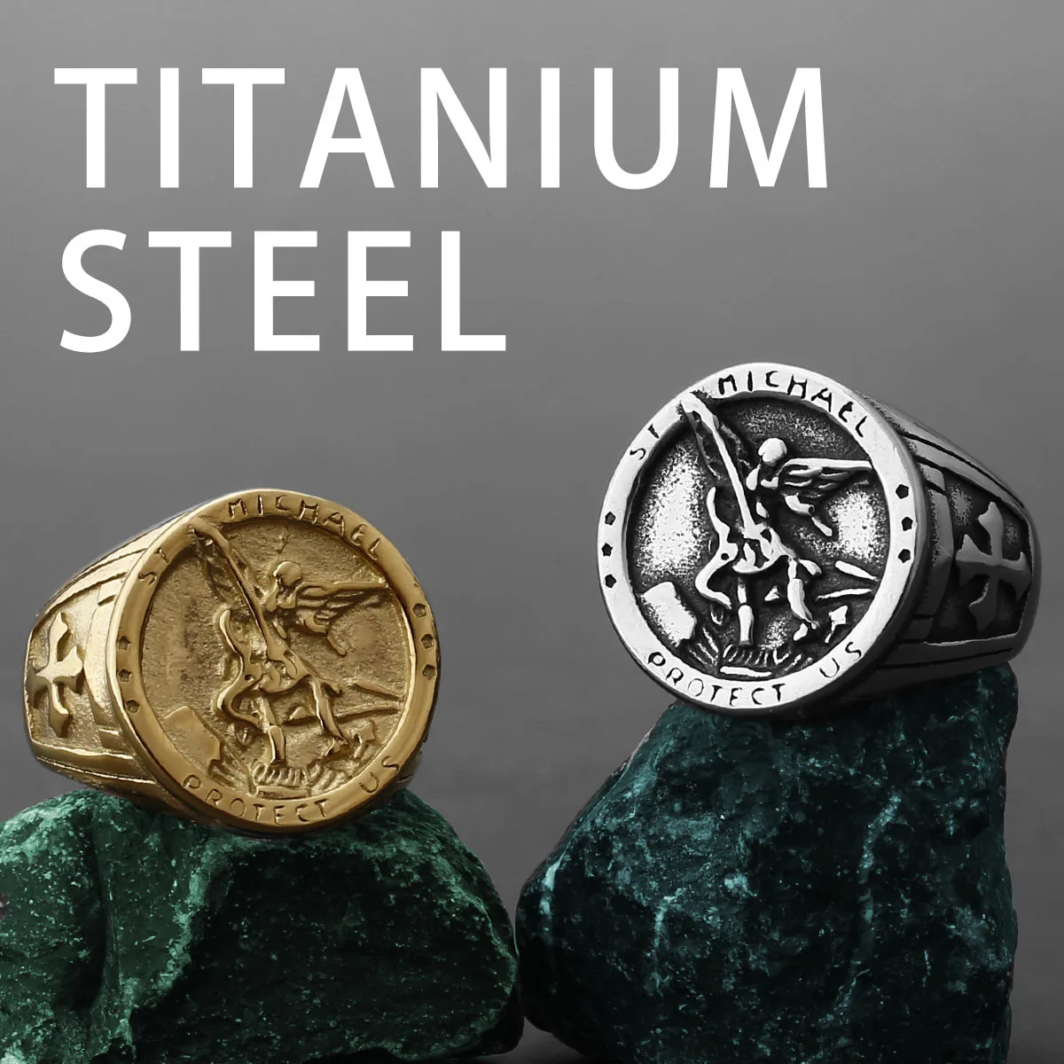 

Религиозный стиль, кольцо с узором Святого Михаила, мужское католическое кольцо из нержавеющей стали золотого цвета, вечерние клубные украшения на палец, подарок