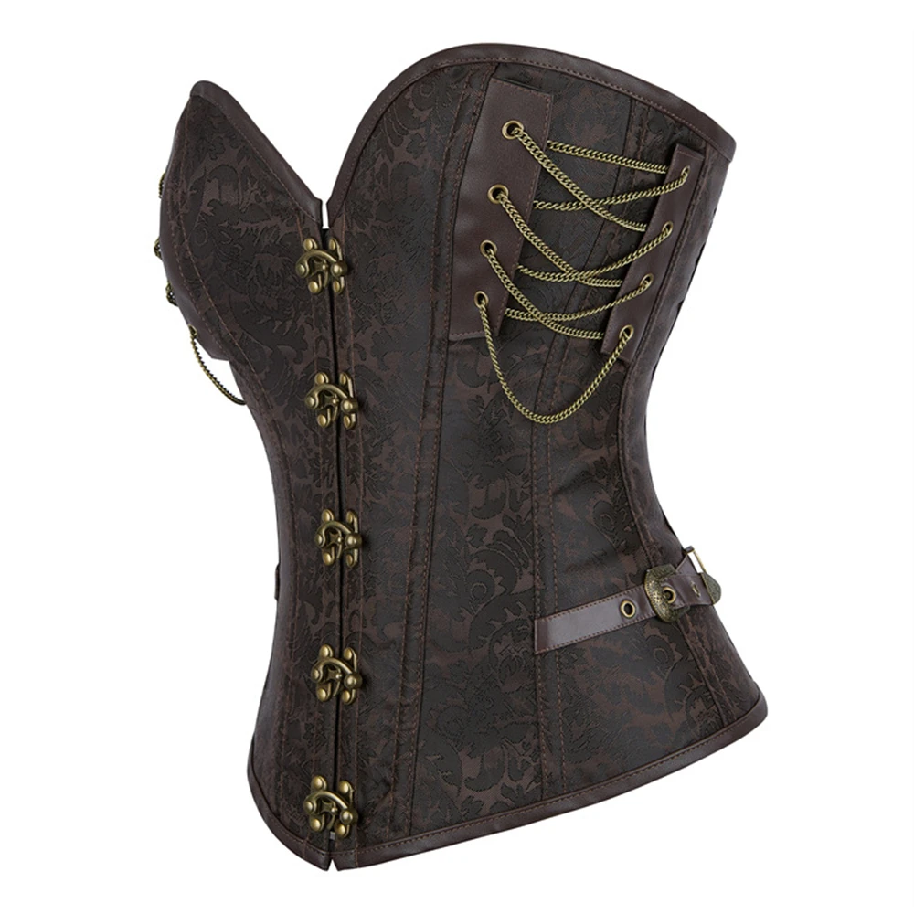 Women Steampunk Overbust Corset Tops Vintage Dark Brown Jacquard Lace-up Boned Bustier Gothic Pirate Costume Party Club