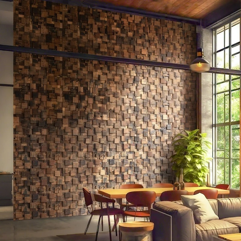 Solid wood mosaic background wall log decorative board invisible door retro homestay