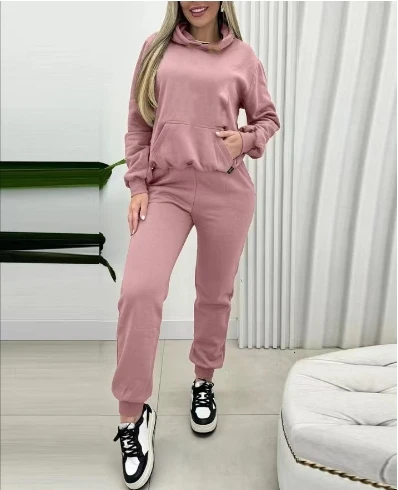 Two Piece Set Women Outfit 2024 Autumn Fashion Pocket Design Long Sleeved Hooded Sweatshirt & High Waist Cuffed Pants Sets