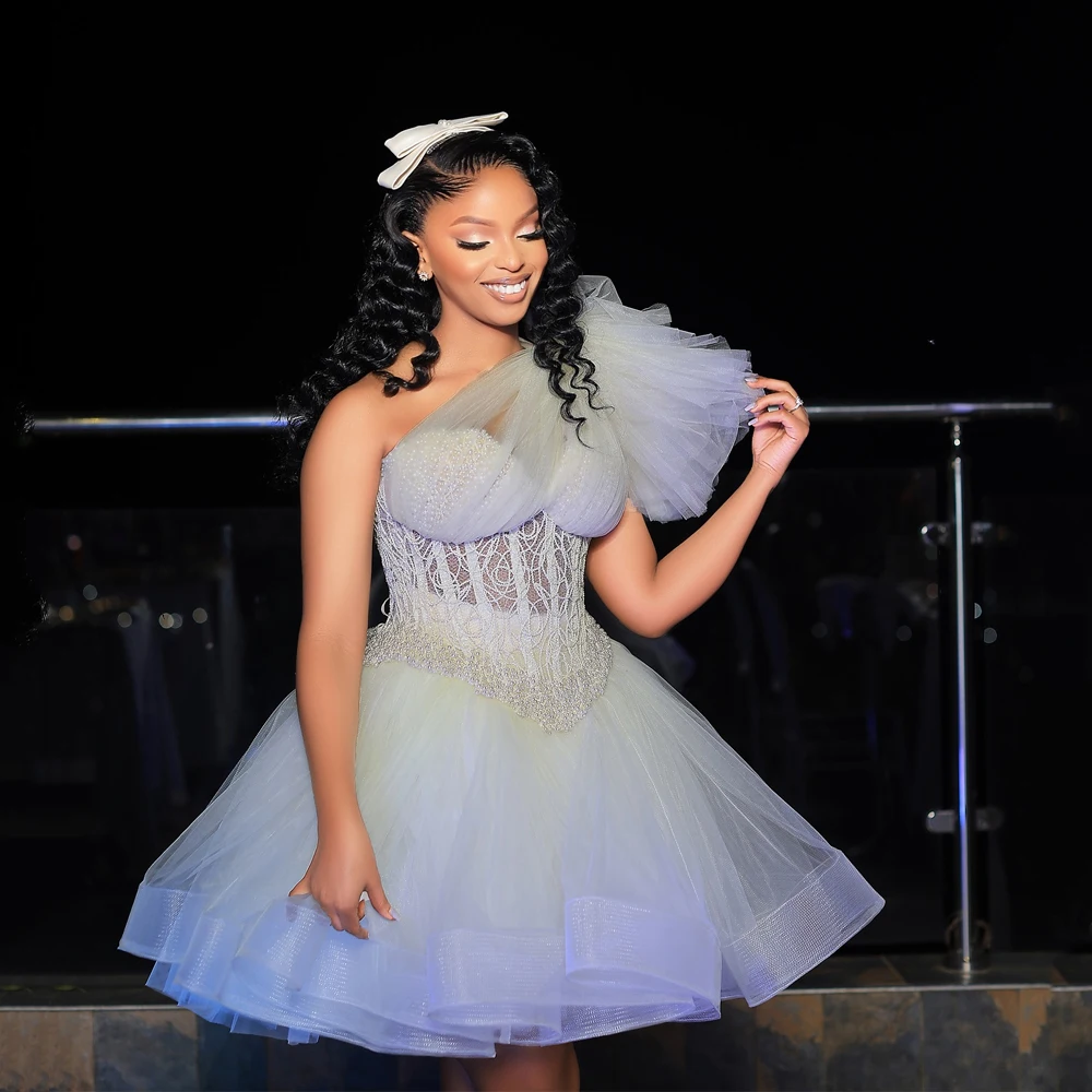 

Sexy Short One Shoulder Cocktail Dress For Black Girls Pearls A-Line Tulle Sweetheart Homecoming Party Evening Gown Customized