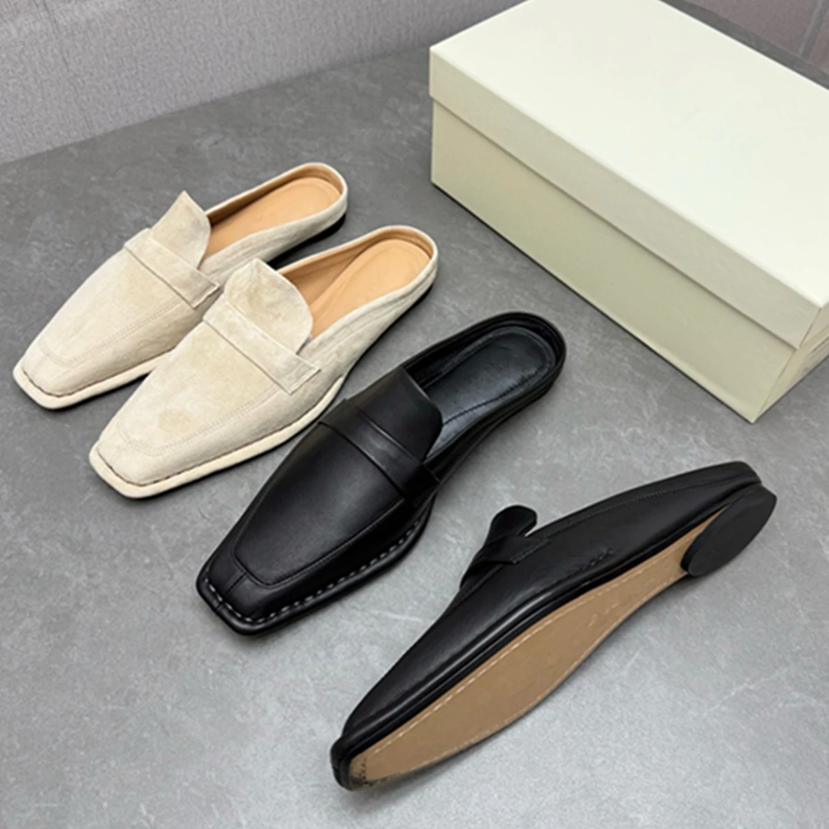 

Jenny&Dave French Fashion Ladies Minimalist Genuine Leather Flat-soled Slipper Shoes Closed-toe Half-slipper Mules Shoes Women