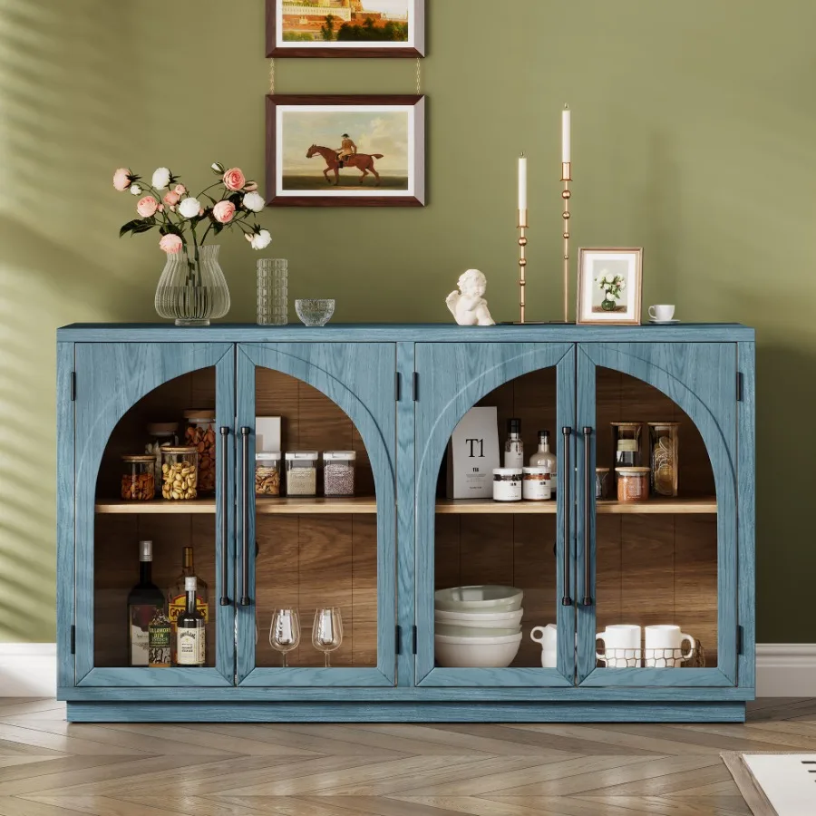 4-deurs retro dressoir met grote opbergruimte, metalen handgrepen en verstelbare planken voor keuken, eetkamer en woonkamer