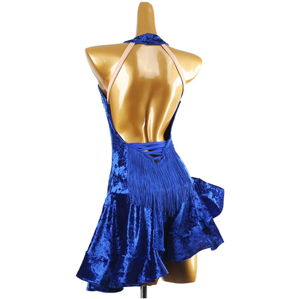 

New Latin Dance Costume Women's Sleeveless Tassel dress Royal Blue Backless Velvet Samba Tango Performance Costume