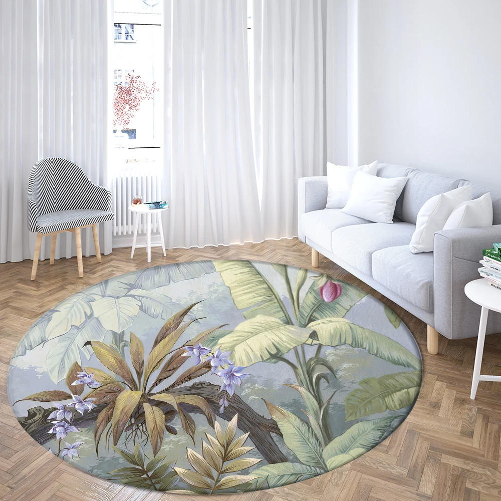 Tropical Plant Leaves Round Rugs Flower House Sofa Carpet Home Living Room Bedroom Bathroom Floor Mats Print Decorate