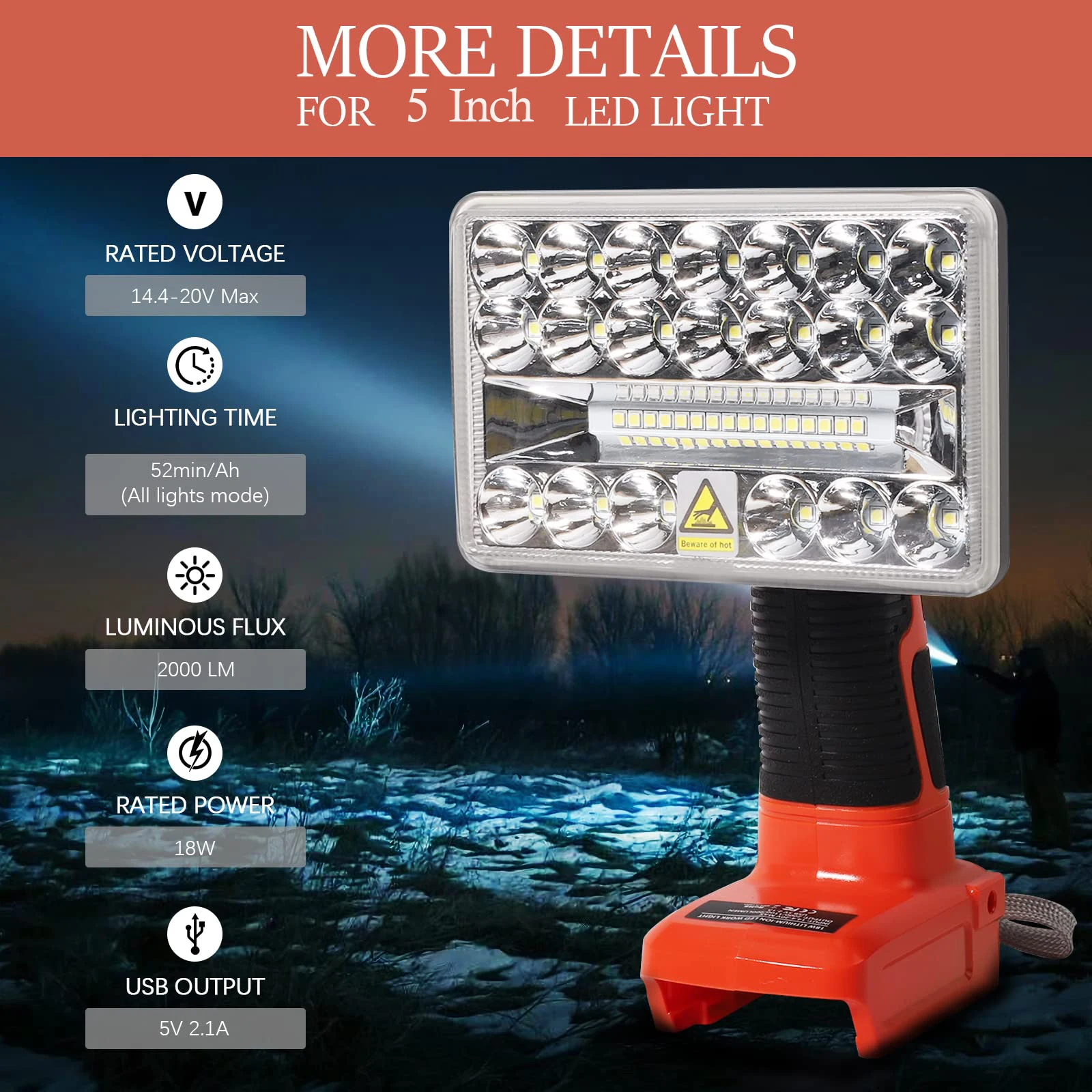 

5 Inch LED Work Light for Black and Decker 20V Lithium Battery 18W 2000LM Portable Spotlight Floodlights for Camping Emergency
