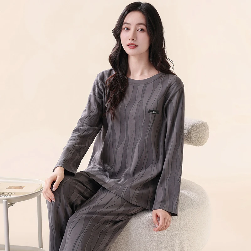 

Women Pure Cotton Pijamas Geometric Print Pajama Sets Sleepwear Long Sleeve Tops+Long Pants Pajamas Home Clothing Pyjamas Female