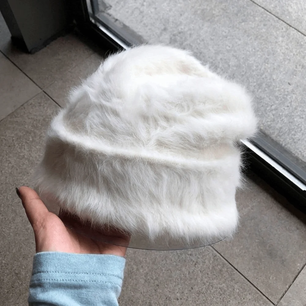 Einfache, einfarbige, locker sitzende Mütze im Y2K-Stil, Winter-Strickmütze, atmungsaktiv, mit Kaninchenfell-Ohrenschutz, Reise-Schädelmütze – Detail 5