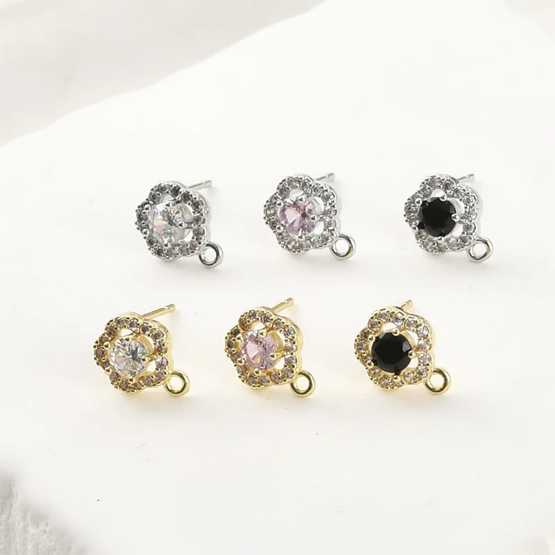 Copper Plated 14k Gold Color Retention Plum Blossom Inlaid Zircon with Hanging Studs DIY Handmade Earrings Accessories Material