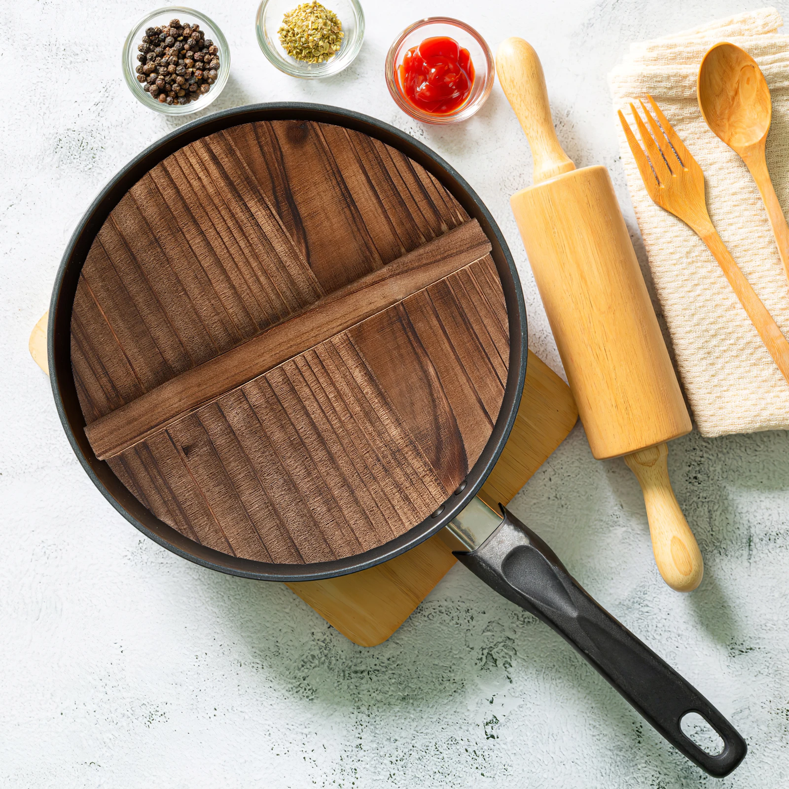 

Anti-Scalding Wooden Wok Cover Pot Lid Natural Wood Reusable Anti Oil Splashing Cover 18Cm Household Kitchenware Cooking Tool