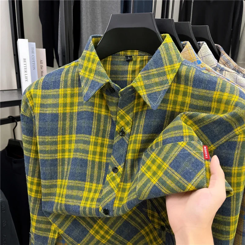 Mens Long Retro Plaid Flannel Button Down Shirts Tartan Grid Pattern Relaxed Fit Brushed Fabric Tops For Holiday Outdoor Wear