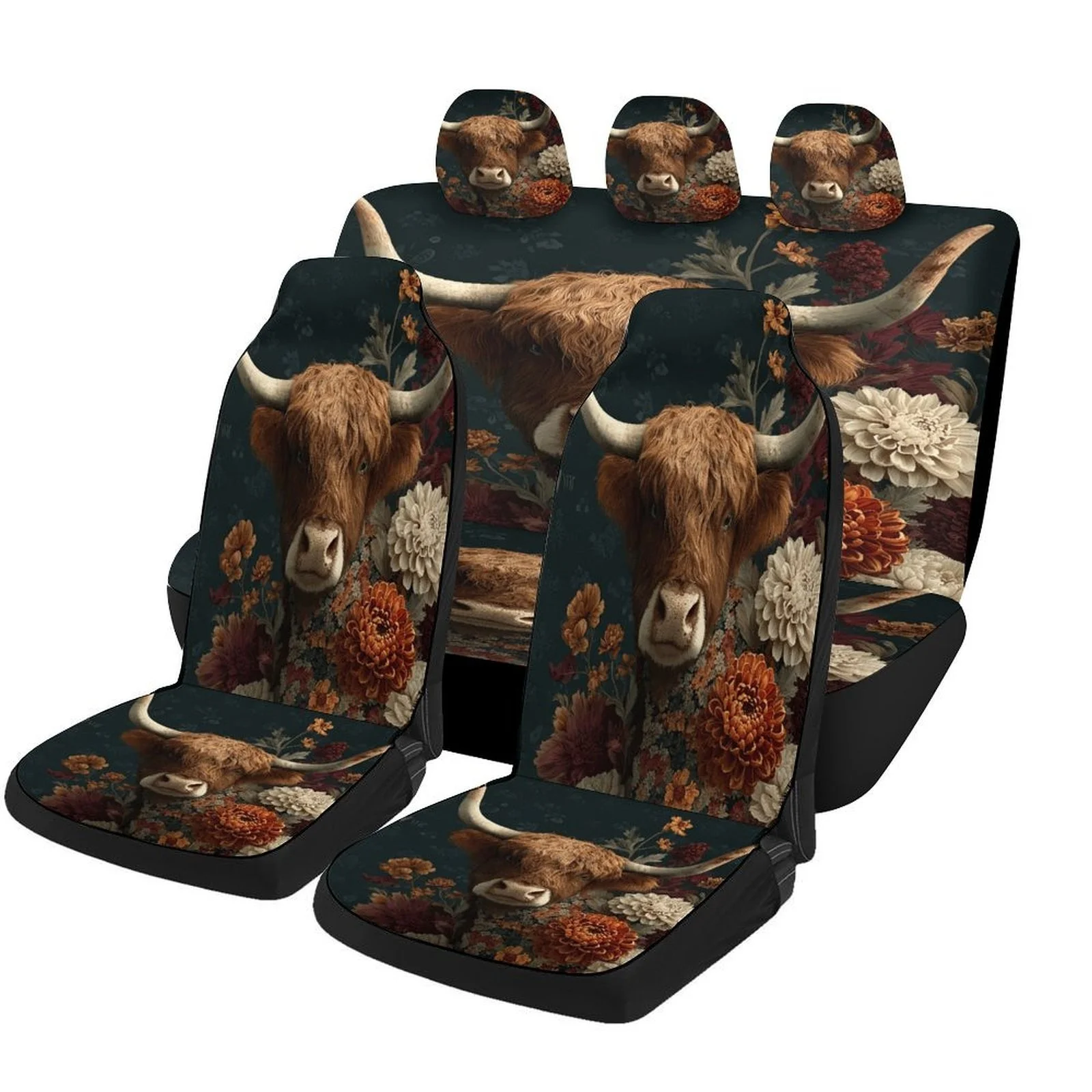 

Bull Floral Portrait Car Seat Cover Set - High-Quality, Trendy Novelty Design For 2 Front & Rear Seats, Machine Washable, All-Se