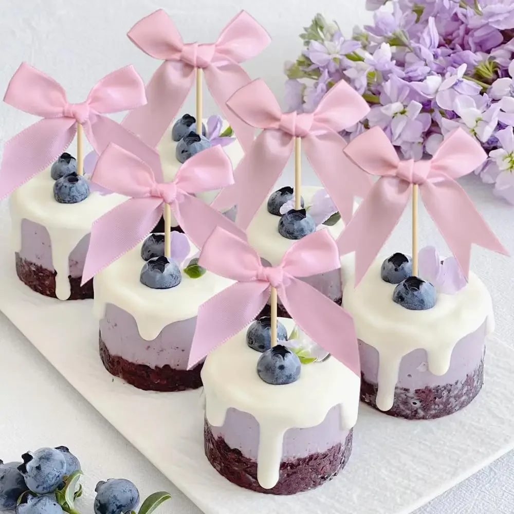 12 Stück Cupcake-Topper mit rosa Schleife, rosa Schleife, Geburtstagsdekoration, Kokette-Motto-Party-Dekoration, Brautparty-Kuchen-Topper, Schleife, Party-Dekoration