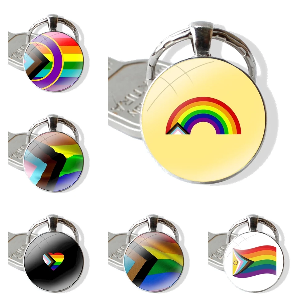 Keychain Handmade Glass Cabochon Key Ring Holder Pendant Key Chains Pride Progress Lgbt Flag